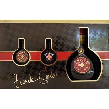 Zwack Unicum szilva ízesítésű keserűlikőr 0,7l 34,5% + 0,04l Unicum + 0,04l Barista, díszdoboz