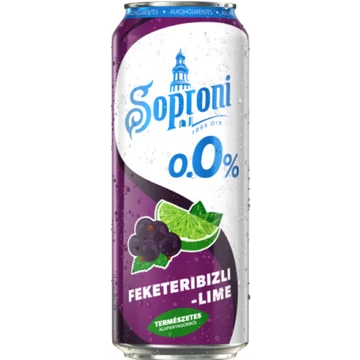 Soproni 0.0% alkoholmentes dobozos sör, feketeribizli-lime ízesítéssel 0,5l DRS Soproni 0.0% alkoholmentes dobozos sör, feketeribizli-lime ízesítéssel 0,5l DRS